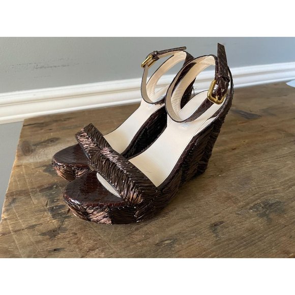 PRADA Wicker Woven Ankle Strap Platform Wedges - Picture 7 of 10